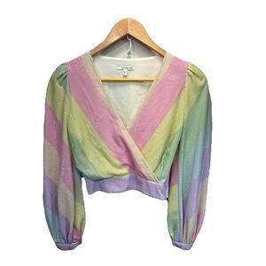 Olivia Rubin Kendall Women Wrap Crop Top Sz Bishop Sleeve Pastel Ombré Sequin